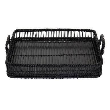 Ezell Black Rattan And Bamboo Rectangular Tray
