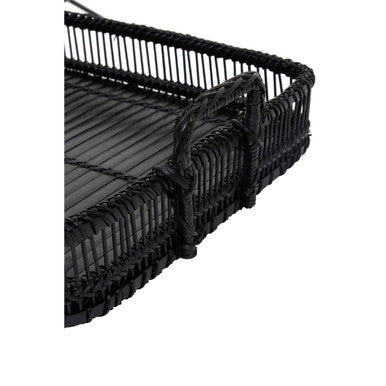 Ezell Black Rattan And Bamboo Rectangular Tray
