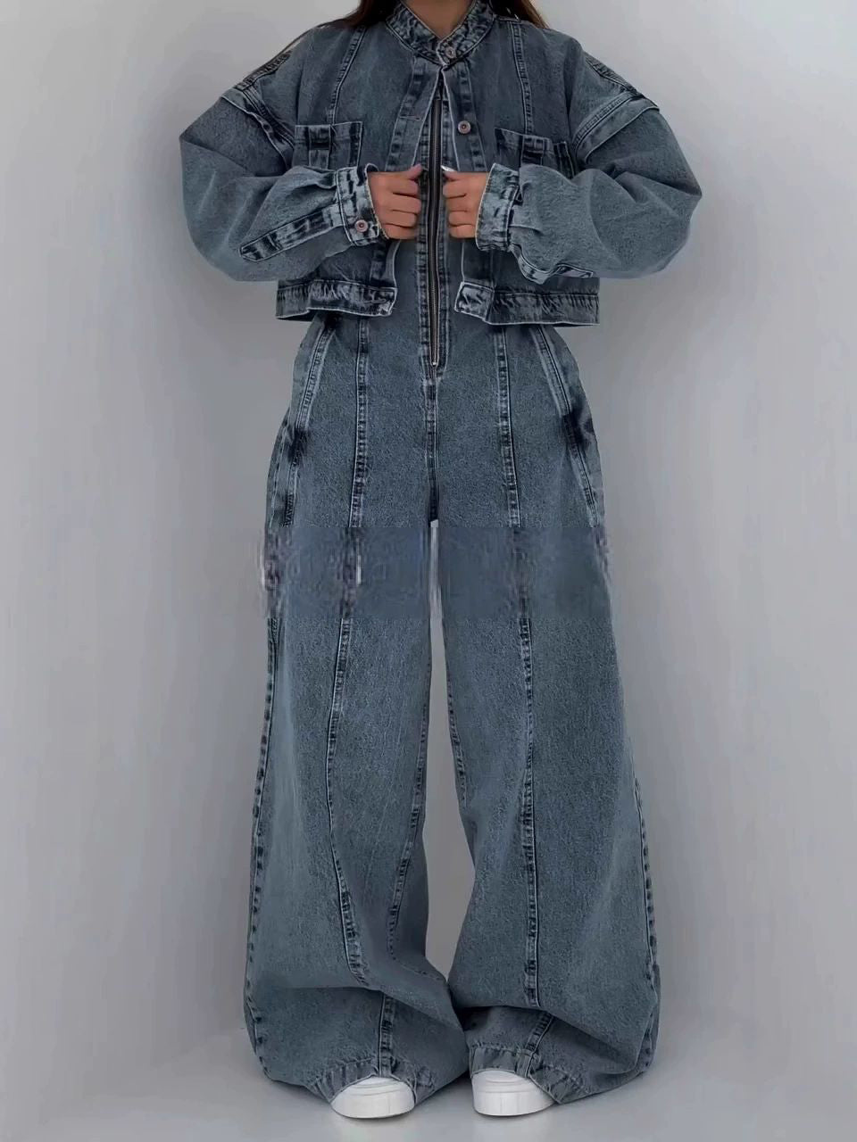 Denim Bandeau Zipper Jumpsuit & Jacket Set