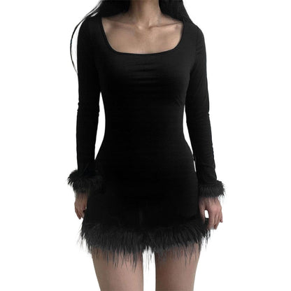 Women's Solid-color Knitted Waist-cinching Long-sleeve Dress