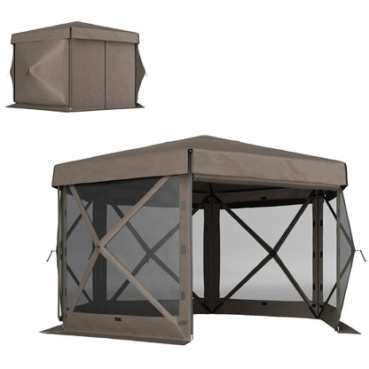 Outsunny 3 x 3(m) Hexagon Pop Up Gazebo with 5 Sides and Carry Bag, Waterproof, UV Resistant Party Tent Instant Event Shelter with Netting for Garden, Patio, Brown