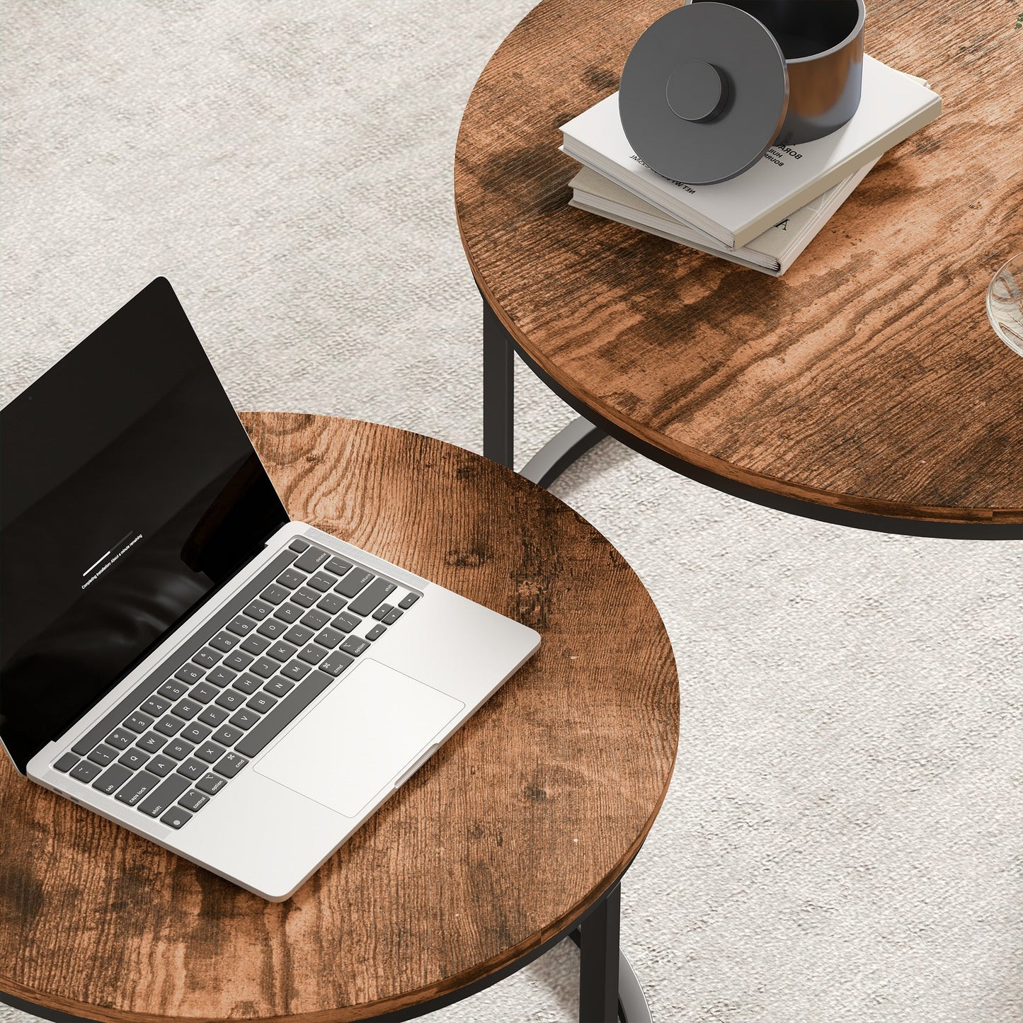 HOMCOM Coffee Table Set of 2, Round Nest of Tables with Metal Frame, Modern Side Tables for Living Room, Rustic Brown
