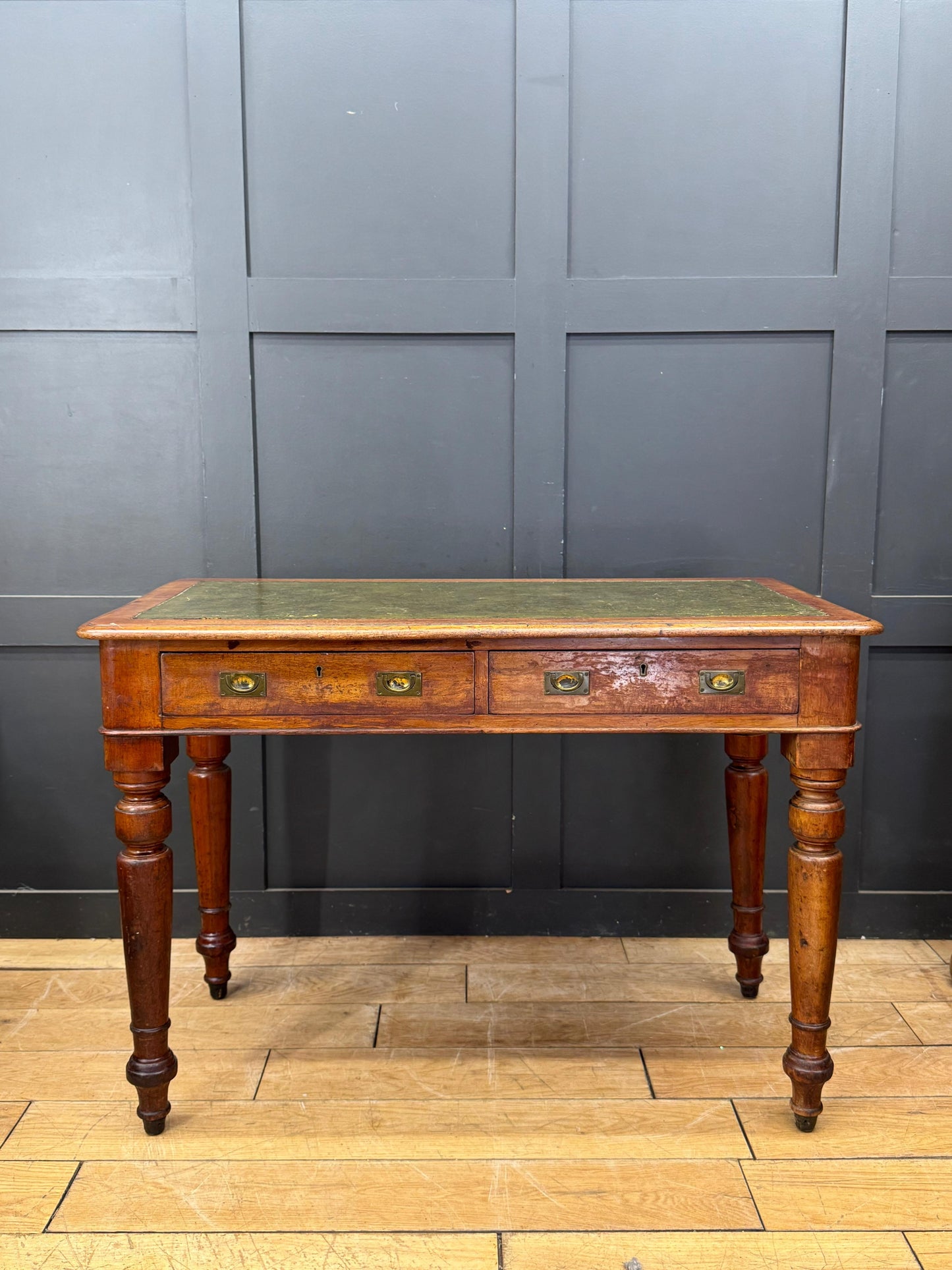 Antique Mahogany Writing Desk Leather Top Two Drawer Side Table Desk