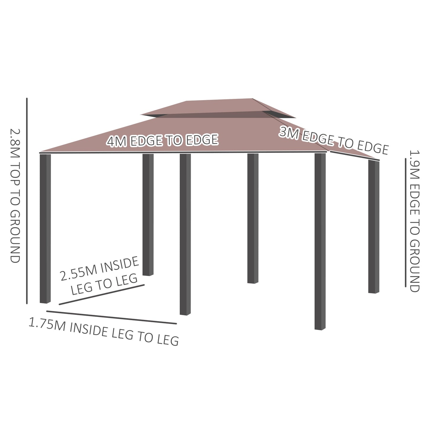 Outsunny 4m x 3(m)Garden Gazebo, Double Roof Outdoor Gazebo Canopy Shelter with Curtains, Solid Steel Frame for Patio, Garden, Brown