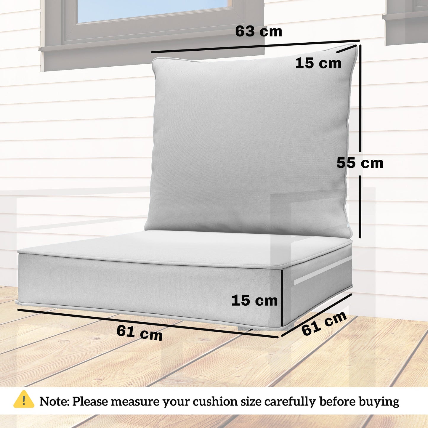 Outsunny Outdoor Seat and Back Cushion Set, 63L x 55W x 15Dcm Patio Deep Seating Chair Fade Resistant Replacement Cushion, Light Grey