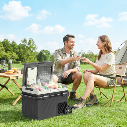 Outsunny 40L Compressor Car Fridge Freezer, Dual Zone Camping Refrigerator with App Control, Telescopic Handle, -20℃-20℃