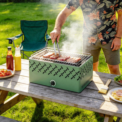 Outsunny Portable Charcoal BBQ Grill, Battery Powered Barbecue Grill with Built-in Fan for Camping Picnic, Light Green