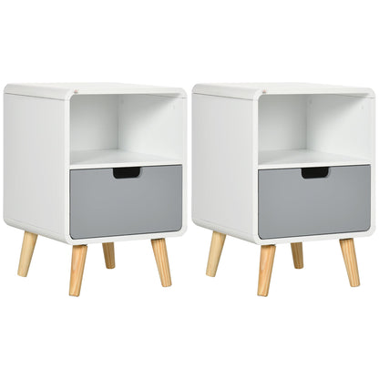 HOMCOM Wooden Bedside Table End Nightstand With Drawer Wood Lamp Desk Storage Unit Bedroom Scandinavian Nordic Style, Set of 2