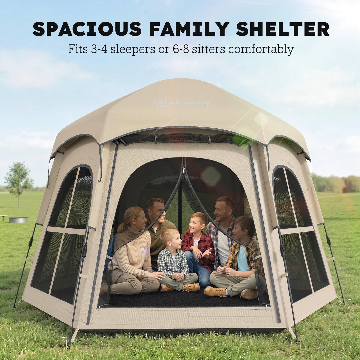 Outsunny Pop Up Tent 3000mm Waterproof Instant Camping Tent 3-4 Person with 2 Doors 4 Windows Khaki