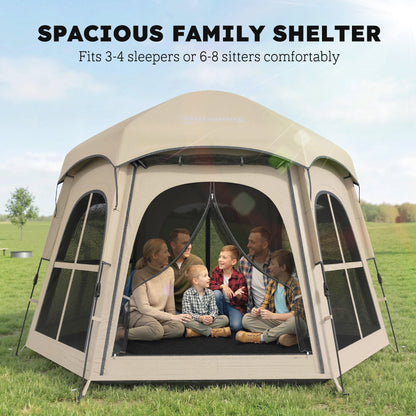 Outsunny Pop Up Tent 3000mm Waterproof Instant Camping Tent 3-4 Person with 2 Doors 4 Windows Khaki