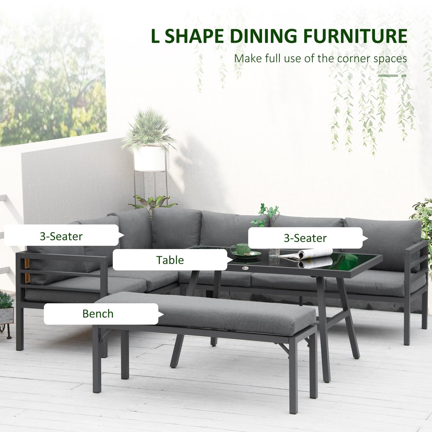 Outsunny\'c2\'a04\'c2\'a0Piece\'c2\'a0L-shaped Garden Furniture Set 8-Seater Aluminium Outdoor Dining Set Conversation Sofa Set w/ Bench, Dining Table & Cushions,\'c2\'a0Grey