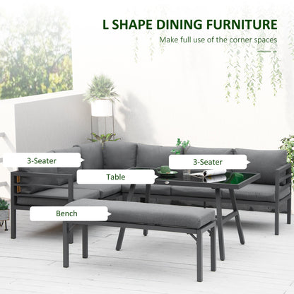 Outsunny\'c2\'a04\'c2\'a0Piece\'c2\'a0L-shaped Garden Furniture Set 8-Seater Aluminium Outdoor Dining Set Conversation Sofa Set w/ Bench, Dining Table & Cushions,\'c2\'a0Grey