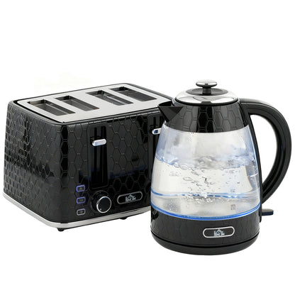 HOMCOM Kettle and Toaster Set, 1.7L 3000W Rapid Kettle with Strix Thermostat, 4 Slice Toaster with 7 Browning Controls, Black