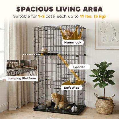 PawHut 3-Tier Large Cat Cage Indoor, Detachable Metal Wire Kennel with Hammock, Platforms, Tray and Cushions for 1-2 Kittens