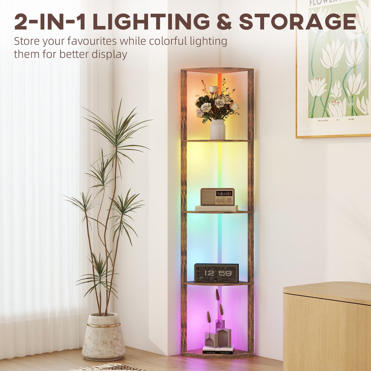 HOMCOM RGB LED Floor Lamp with Shelves, 5-Tier Dimmable Standing Lamp with Adjustable Brightness and Remote Control, Modern Corner Display Shelf Unit for Living Room Bedroom Office, Rustic Brown
