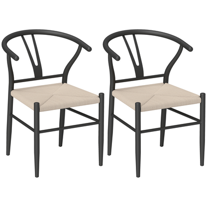 HOMCOM Weave Dining Chairs Set of 2 with Y-Shaped Backrest Hemp Seat Black