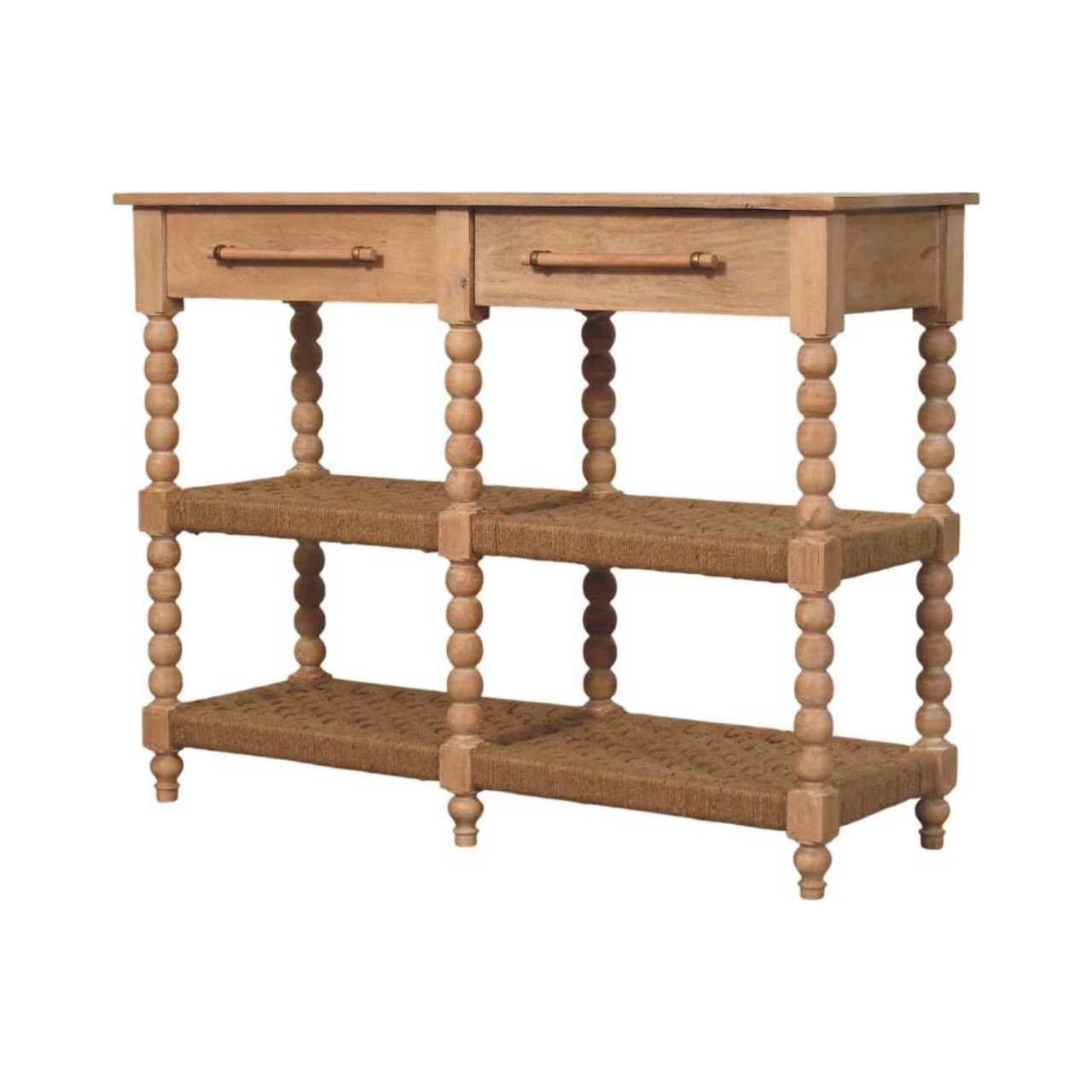 Artisan Furniture Solid Wood Savoy Bobbin Console with Jute Shelves, 2 Drawers, 4 Shelves, Beige