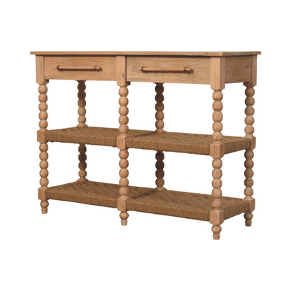 Artisan Furniture Solid Wood Savoy Bobbin Console with Jute Shelves, 2 Drawers, 4 Shelves, Beige