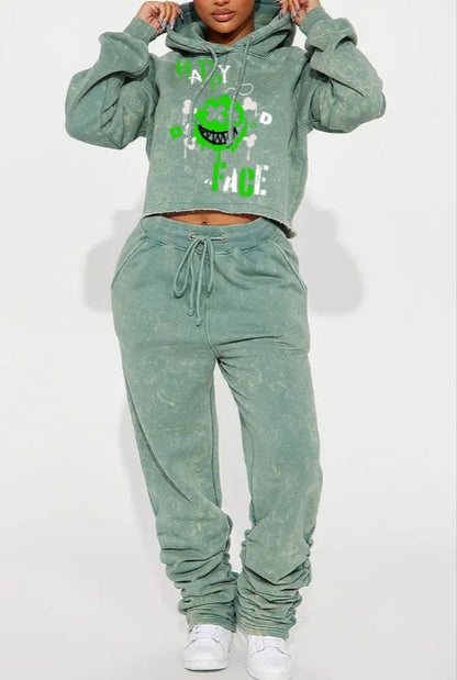 Casual Printed Hooded Short Sweatshirt Set