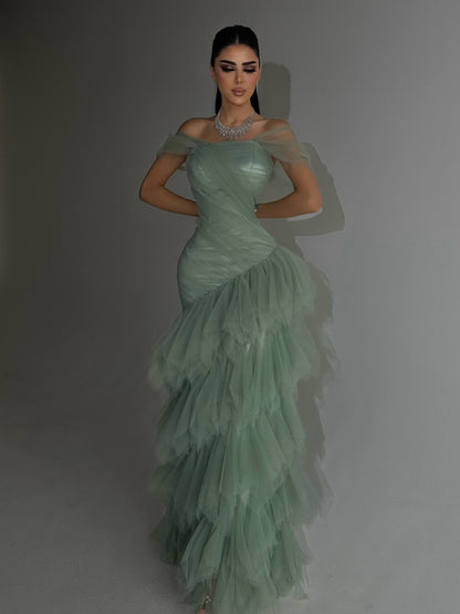 Elegant Light Green Strapless Mermaid Dress With Layered Tulle Skirt