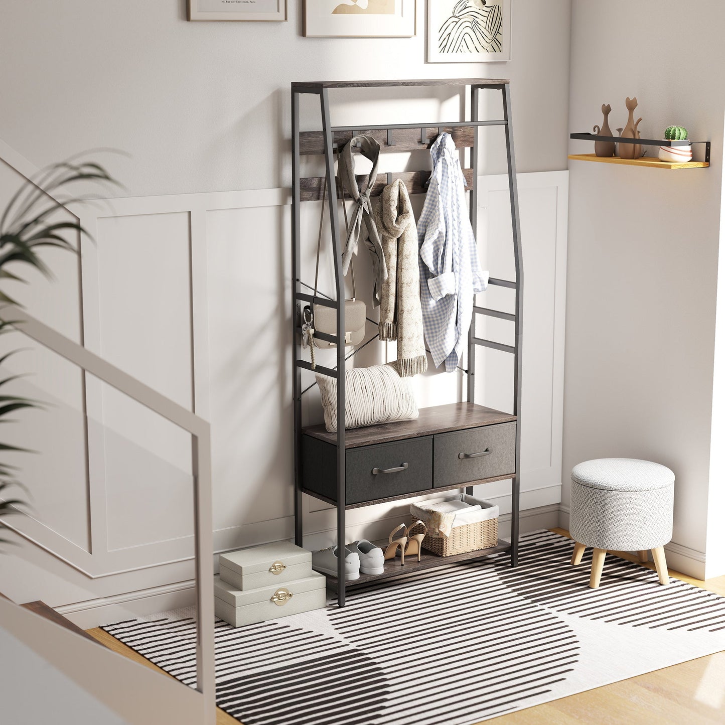 HOMCOM Coat Rack with Shoe Storage, Hall Tree, Industrial Coat Stand with Shoe Bench, 10 Removable Hooks, 2 Fabric Drawers and Clothes Rail for Entryway, Hallway, Grey