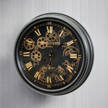 Stylish & Decorative Industrial with Roman Numerals Round Wall Clock - Modern Design, Moving Gears, Battery-Operated Quartz Movement Timepiece for Living Room & Home (Black 52cm (Champs Elysees))