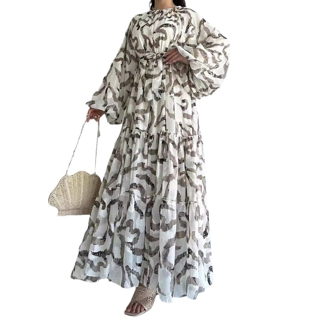Chiffon Printed Maxi Dress With Beltstylish And Elegant