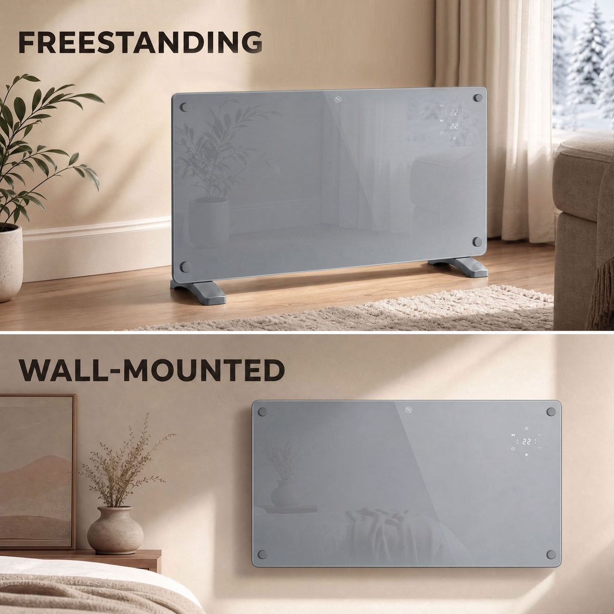 HOMCOM 2000W Smart Panel Heater Wall Mounted & Freestanding, Electric Heater with Weekly Timer, Open Window & Anti-Frost, Grey