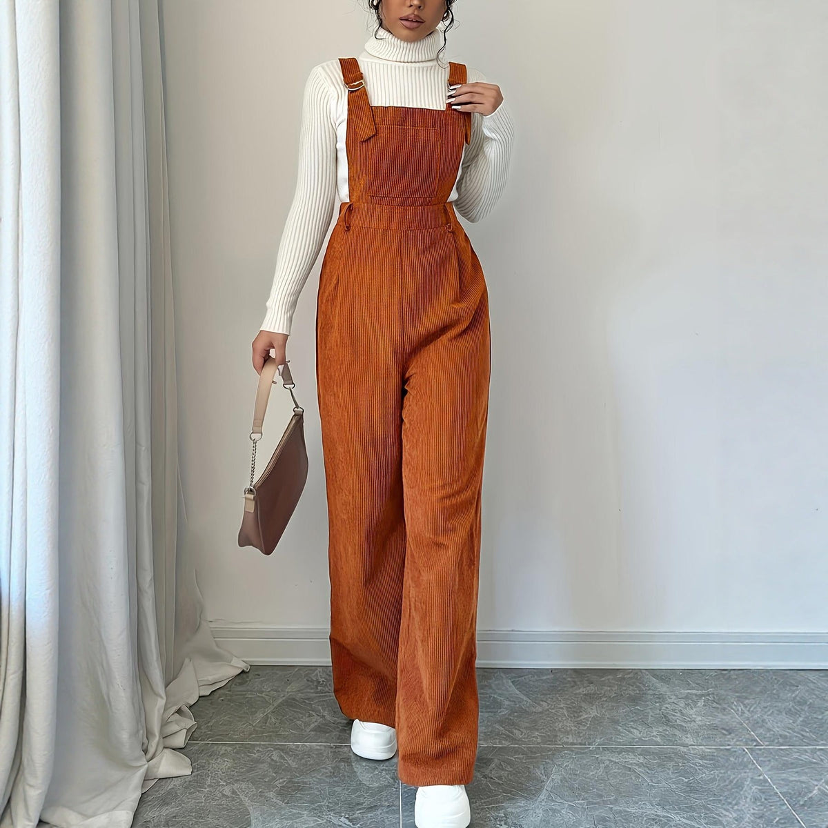 Corduroy Loose Straight Bib Pants Women