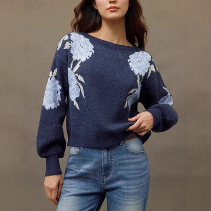 Off-neck Flower Jacquard Pullover Women's Loose Casual
