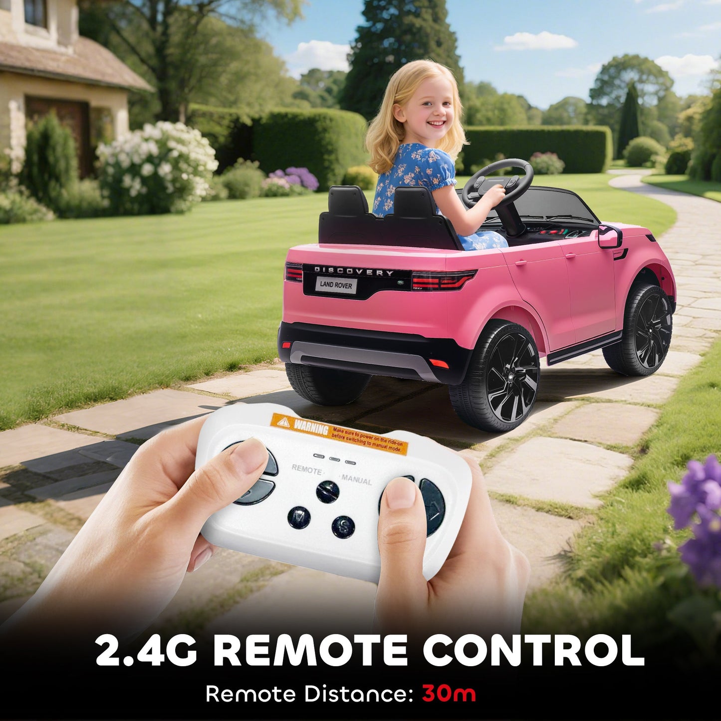 AIYAPLAY Land Rover Discovery Licensed 12V Kids Electric Car with Remote, 4 Wheel Suspension, Slow Start, Lights, Music, Pink
