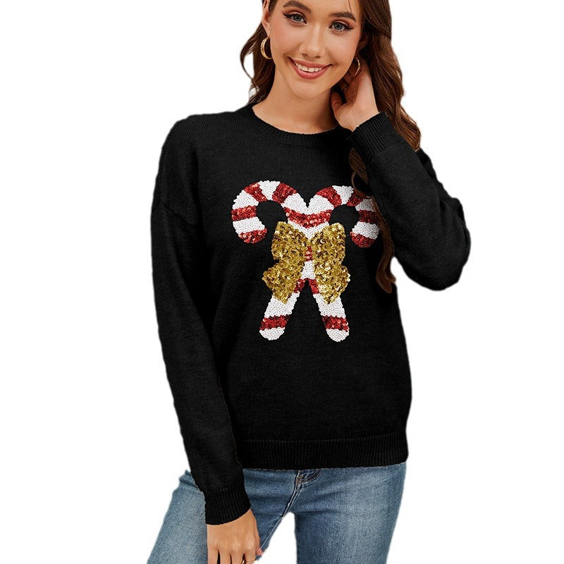 Christmas Crutches Bow Sequined Women's Sweater