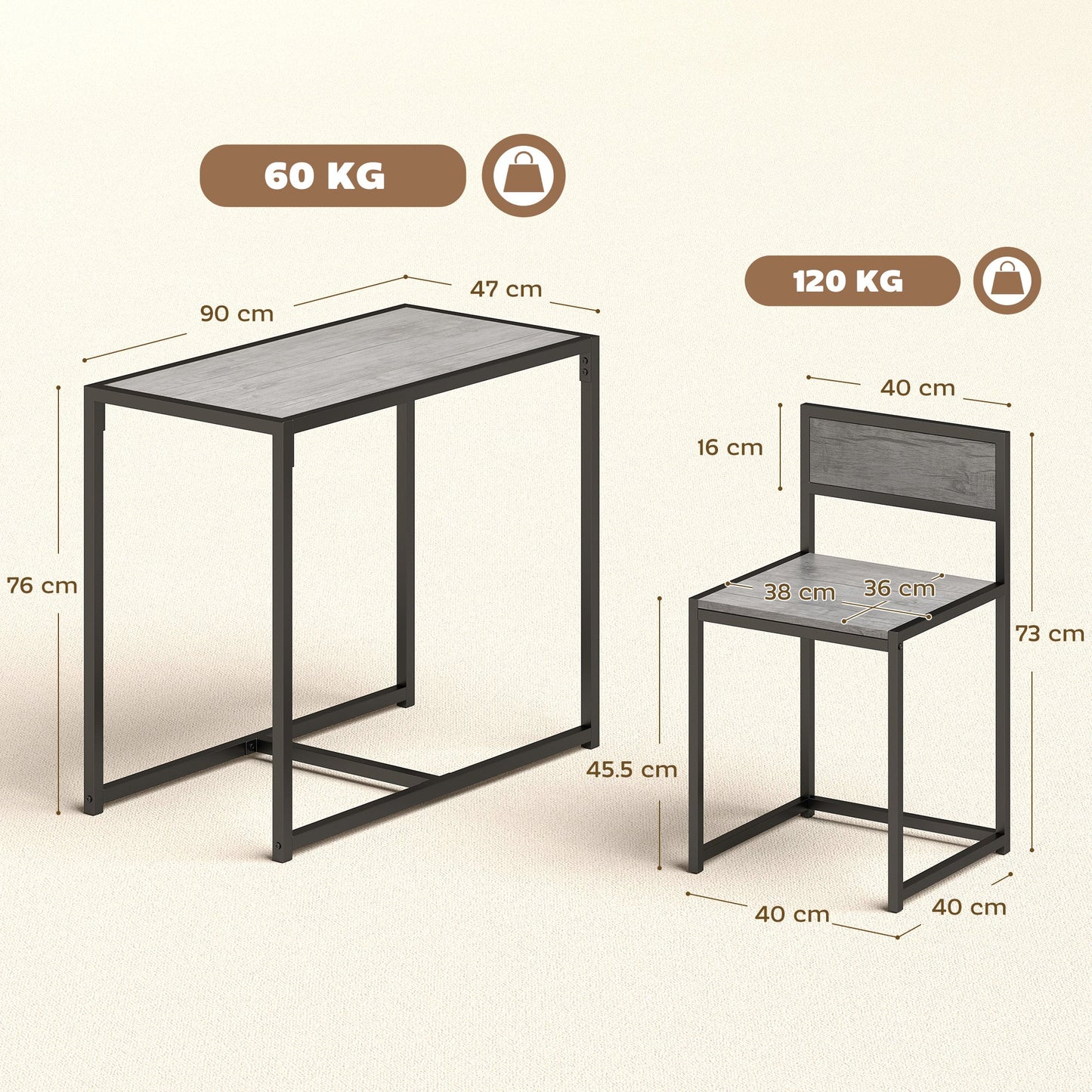 HOMCOM 3 Piece Table Stool Set - Charcoal Grey Wood-Effect