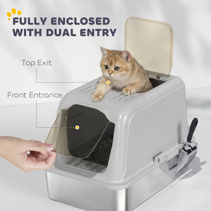 PawHut Extra Large Stainless Steel Litter Box, Enclosed Cat Litter Tray with Scoop, Deodorizer Bag, Front-Entry and Top-Exit