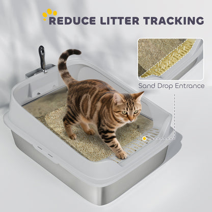 PawHut XXL Stainless Steel Cat Litter Box with High Sides, Metal Scoop, 70 x 50 x 30 cm