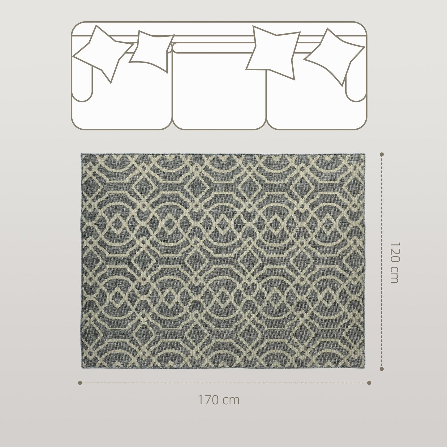 HOMCOM UV Resistant Indoor & Outdoor Area Rug, Easy-Cleaning Machine Washable Rug with Geometric Pattern for Patio, Garden, Kitchen, Bathroom or Living Room, 170 x 120 cm, Grey