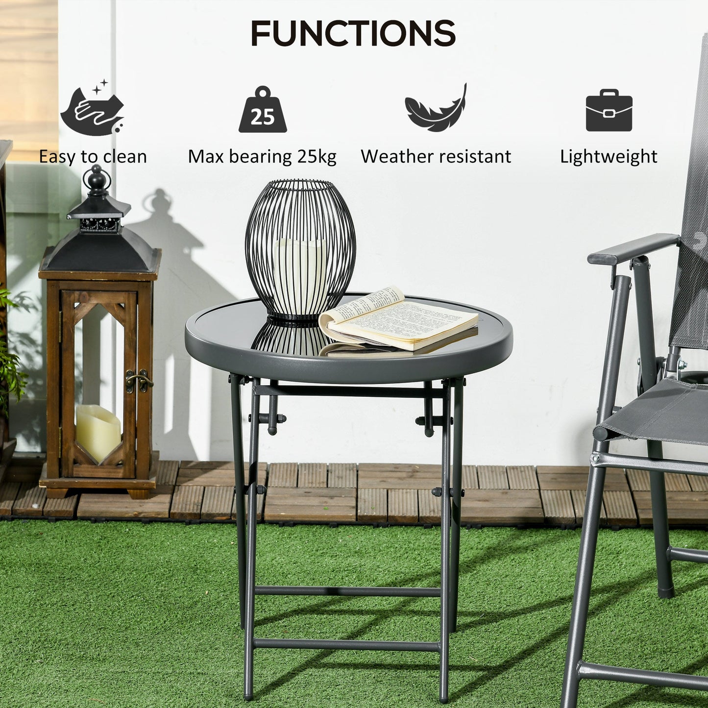 Outsunny \'ce\'a645cm Garden Side Table, Outdoor Round Folding Patio Table with Imitation Marble Glass Top, Small Coffee Table, Black