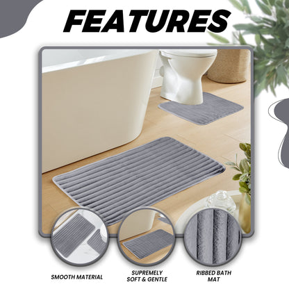 2 Piece Ribbed Bath Mat Set in Charcoal Extra Soft Non Slip Super Absorbent Bathroom & Toilet Mats Easy Care Rug by OLIVIA ROCCO