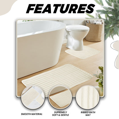 2 Piece Ribbed Bath Mat Set in Cream Extra Soft Non Slip Super Absorbent Bathroom & Toilet Mats Easy Care Rug by OLIVIA ROCCO