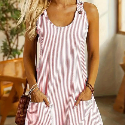 Summer Fashion Striped Patchwork Commuting U-Neck Sleeveless Pockets Back Button Casual Straight Slimming Mini Dress For Women