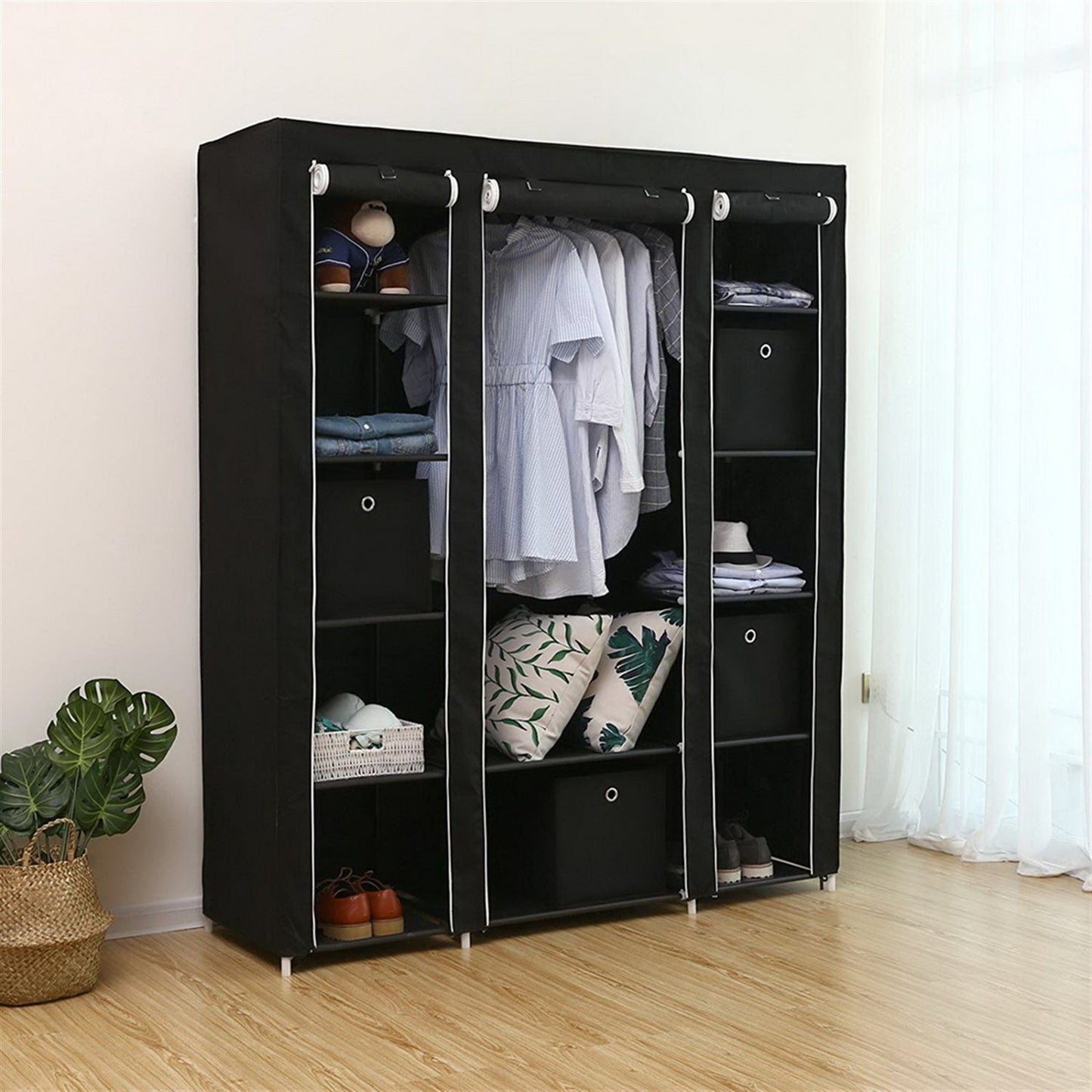 69" Portable Clothes Closet Wardrobe Storage Organizer with Non-Woven Fabric Quick and Easy to Assemble Extra Strong and Durable Black