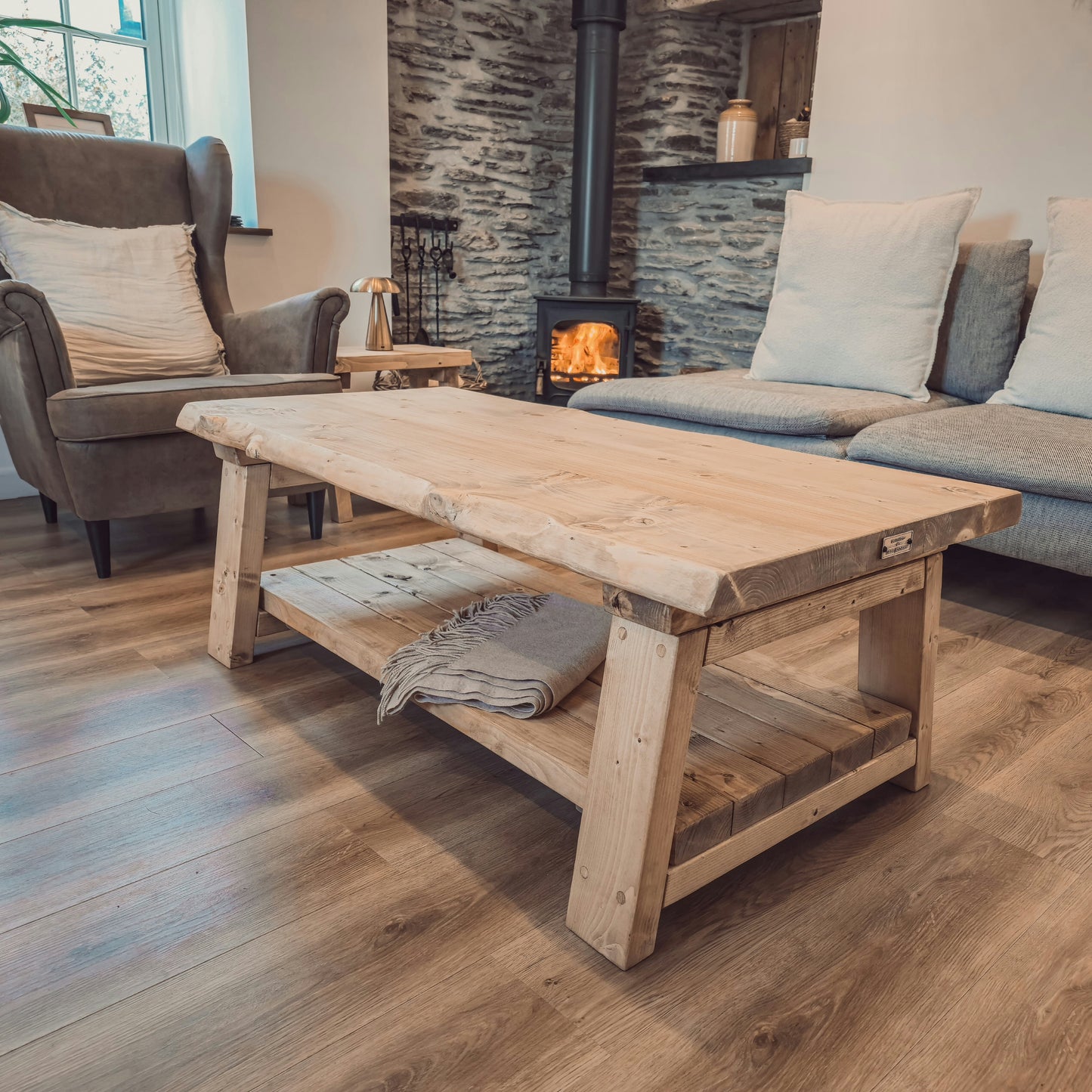 Cara Live Edge Rustic Wooden Coffee Table With Shelf