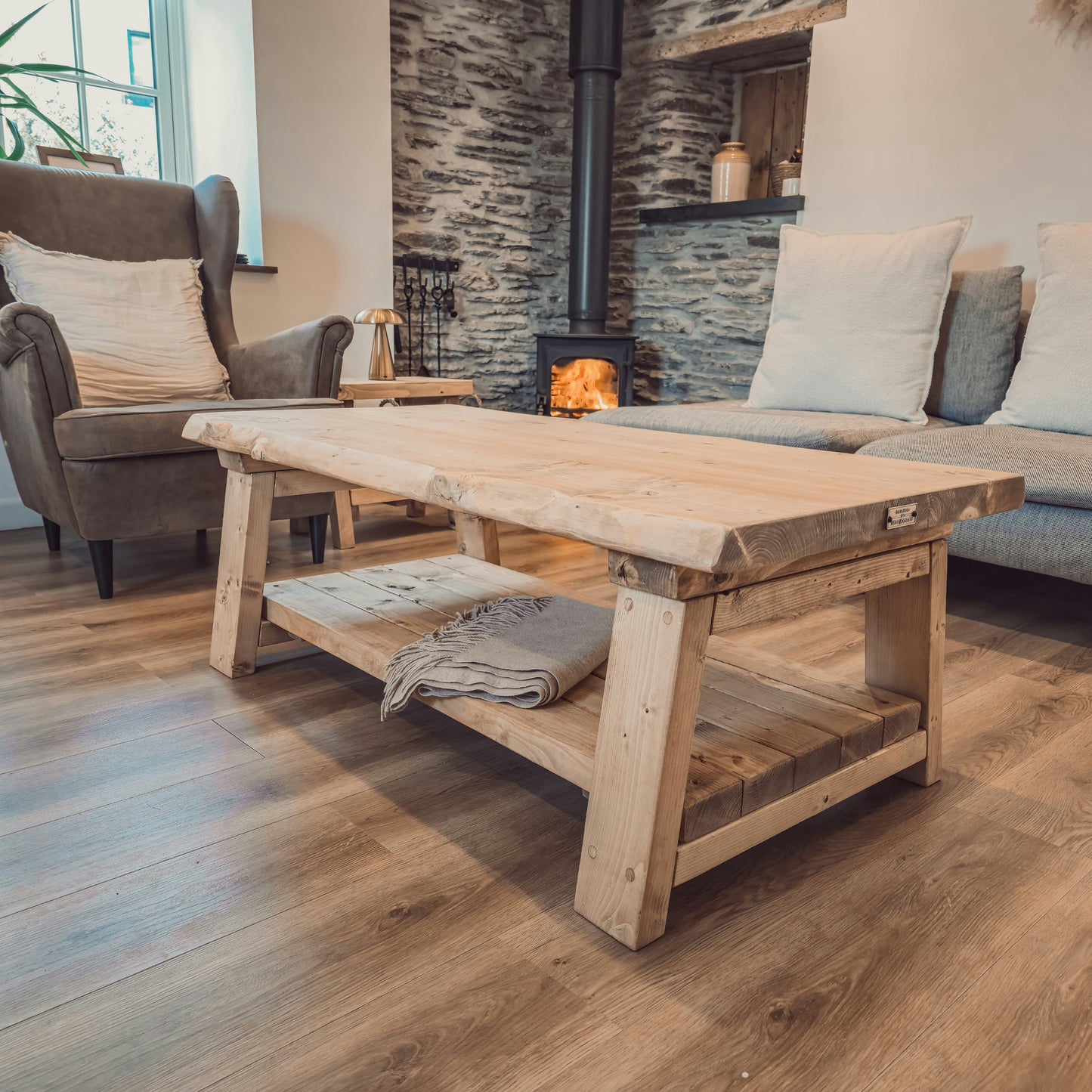 Cara Live Edge Rustic Wooden Coffee Table With Shelf