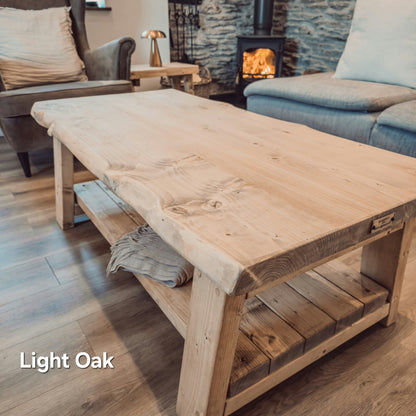 Cara Live Edge Rustic Wooden Coffee Table With Shelf