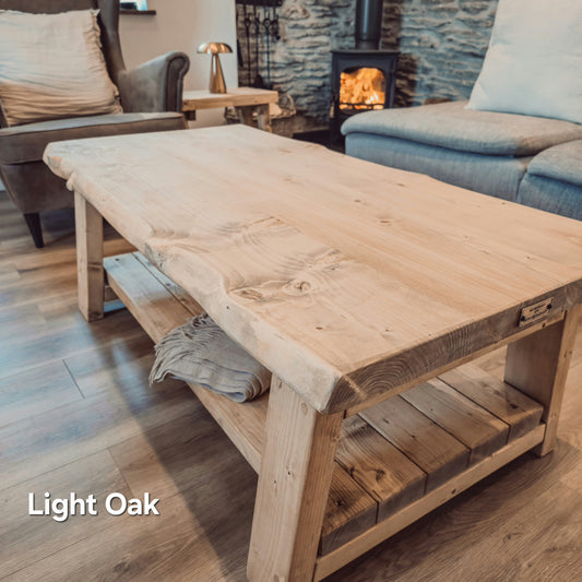 Cara Live Edge Rustic Wooden Coffee Table With Shelf