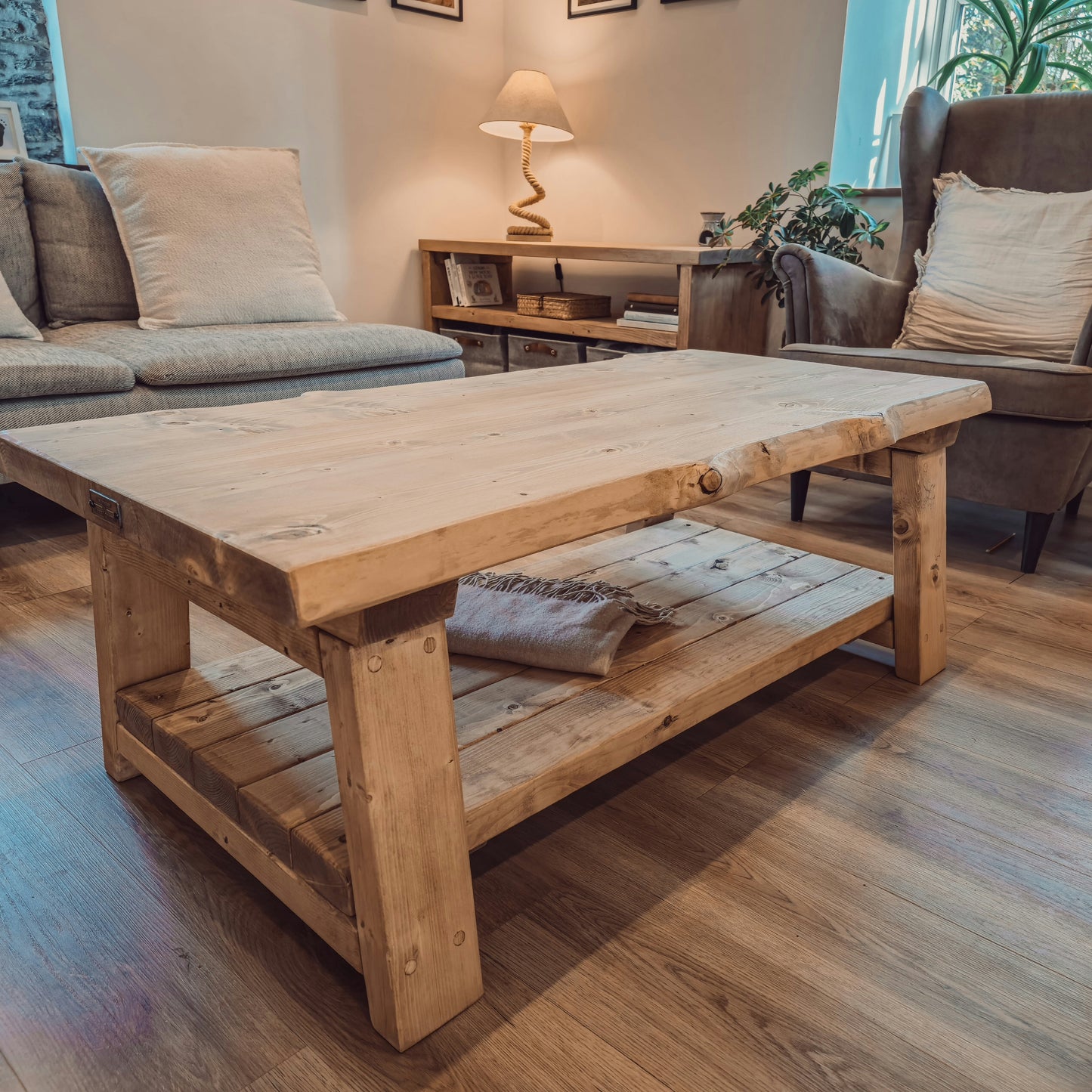 Cara Live Edge Rustic Wooden Coffee Table With Shelf