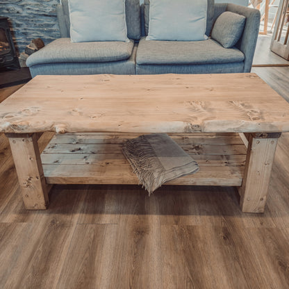 Cara Live Edge Rustic Wooden Coffee Table With Shelf