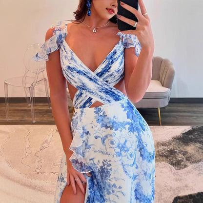 Sexy V-neck Backless Ruffled High Slit Sling Dress