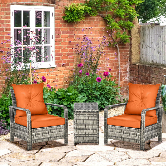 Outsunny 3 Pieces Rattan Bistro Set, Wicker Garden Furniture Set with Storage  Coffee Table and Chairs, Thickened Cushions for Outdoor, Patio, Balcony, Orange