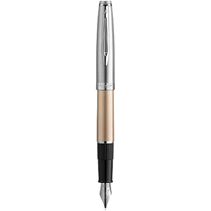 Waterman Emblème Deluxe Fountain Pen, Gold with Chrome Trim, Fine Nib with Blue Ink Cartridge, Gift Box
